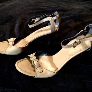 Cole Haan, Tanleather open toe ankle strap pumps, 3 1/2” heel. Sz 9 1/2